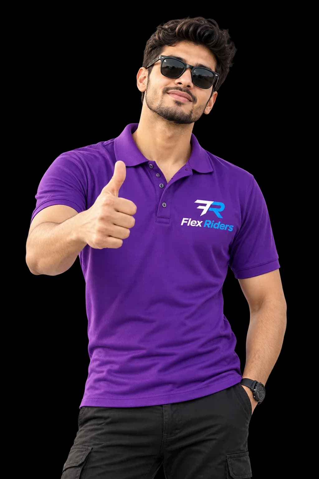A Flex Riders rider in a branded polo giving a thumbs up