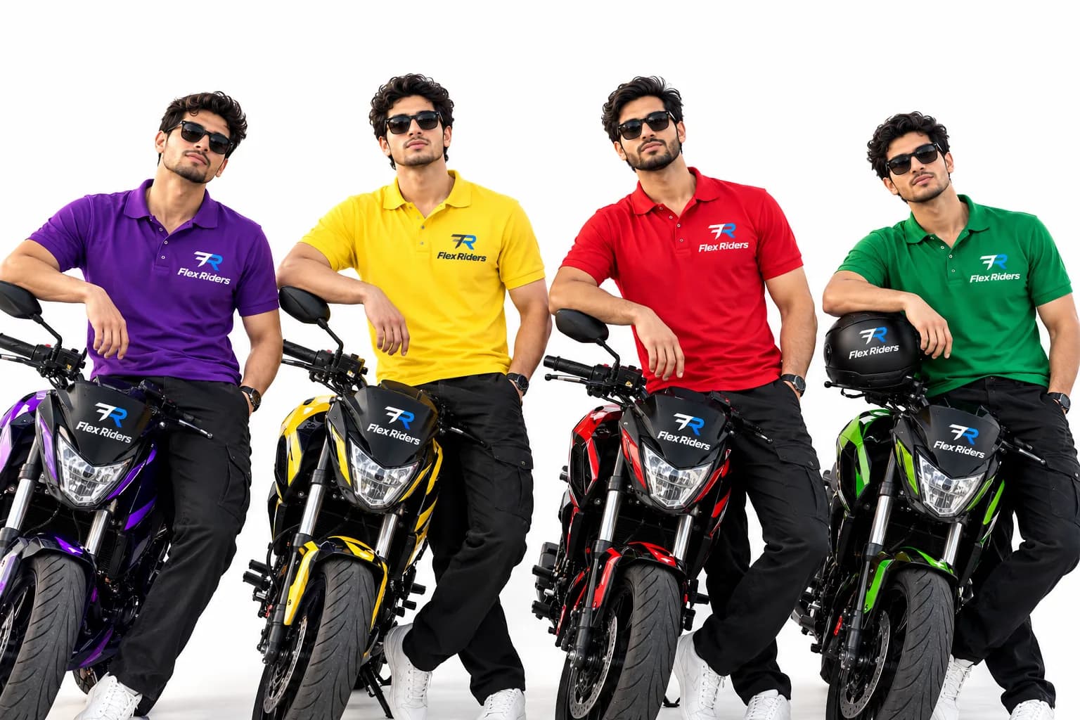 Four riders in Flex Riders branded polo shirts leaning on Flex Riders branded motorcycles